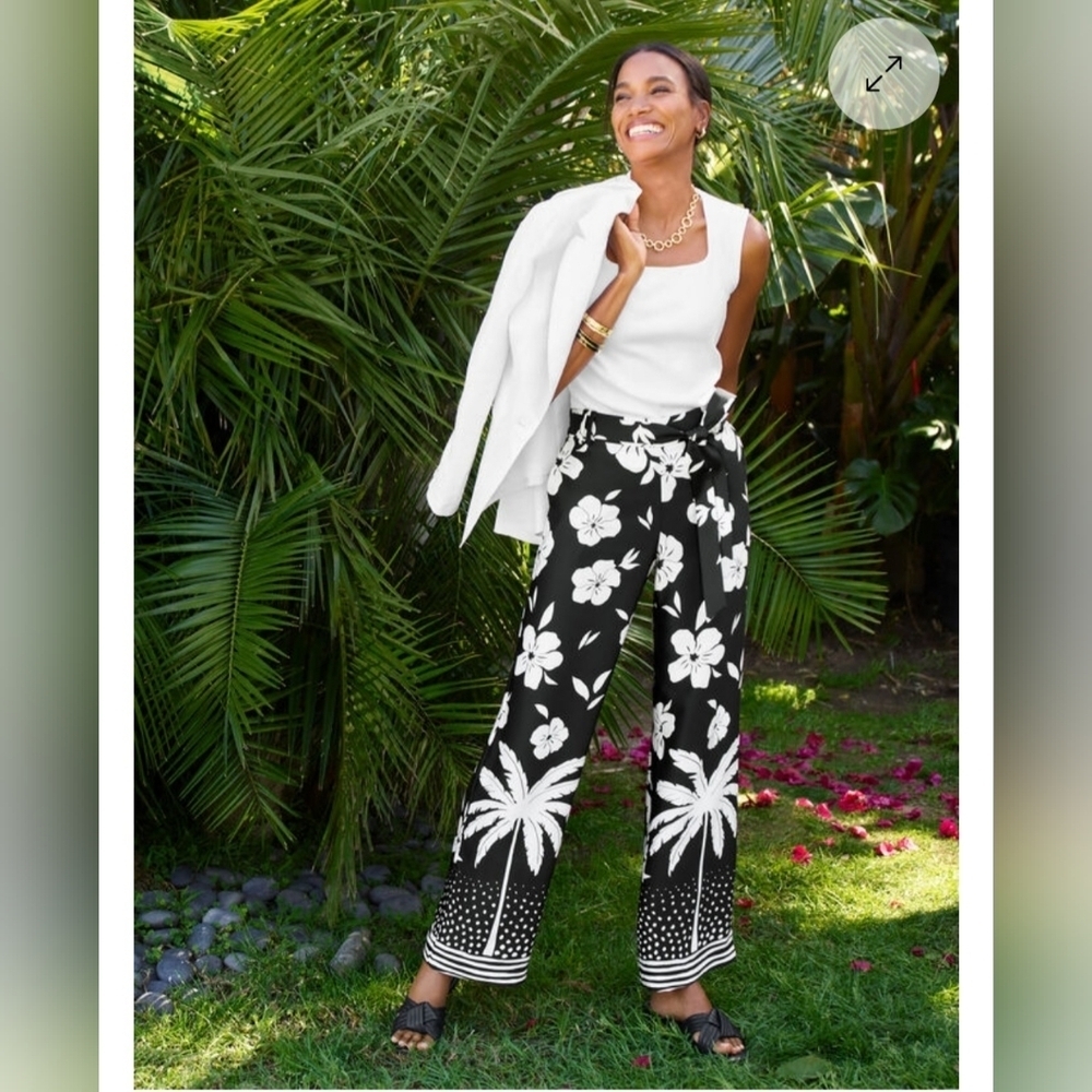 Talbots Wide Leg Black White Pants, Elastic Waist Tie Medium New Coastal Grandma